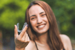 Woman holding an Invisalign aligner with greenery in the background