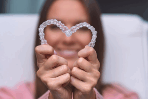 Woman holding two Invisalign trays to make a heart