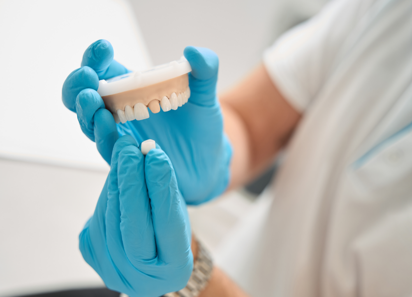 Dentist holding model teeth with missing crown