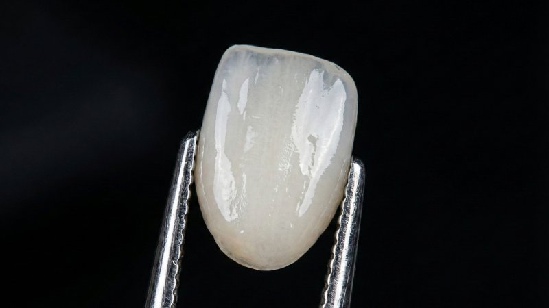 A closeup of a dental veneer held by some forceps